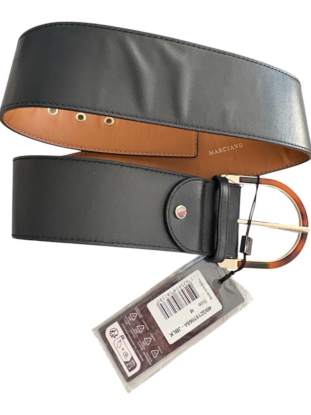Marciano Black Leather Belt with Tortoiseshell-Edge Gold D Buckle - Size M - Picture 4 of 4